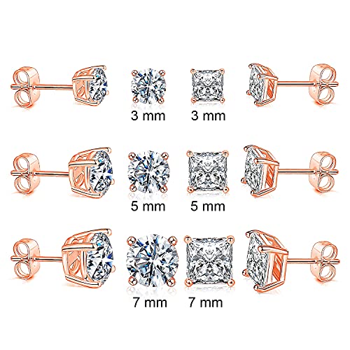 18K Gold Plated Round Princess Cut Clear Cubic Zirconia Stud Earring of 6 Pairs - color: Crose gold plated
