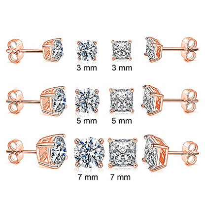 18K Gold Plated Round Princess Cut Clear Cubic Zirconia Stud Earring of 6 Pairs - color: Crose gold plated