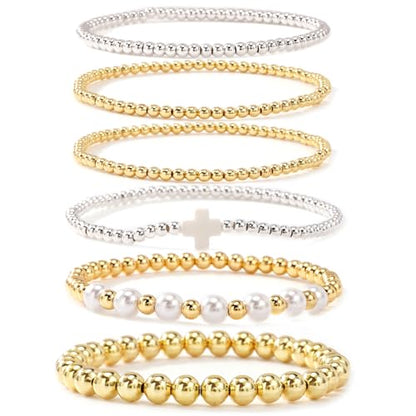 Silver Gold Beaded Bracelets for Women Stackable 14K Gold Plated Beads Ball Cross Bracelet Stack Non Tarnish Elastic Stretch Trendy Jewelry Christian Friendship Christmas Gifts for Women - color: 6pcs-White Cross