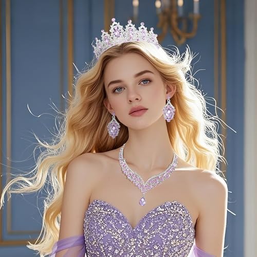 Crowns and Tiaras jewelry sets for Wedding princess birthday party Halloween Prom Pageant Jewelry for Women Crystal Bridal Jewelry Set for women - color: Silver purple