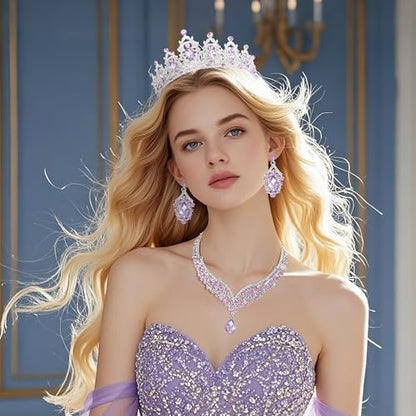 Crowns and Tiaras jewelry sets for Wedding princess birthday party Halloween Prom Pageant Jewelry for Women Crystal Bridal Jewelry Set for women - color: Silver purple