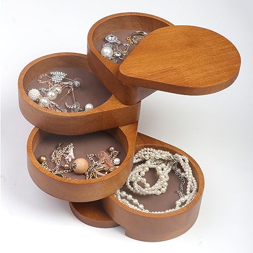 JSVER Portable Jewelry Organizer Wooden Jewelry Box, 4-Layer Rotatable Jewelry Holder, Travel Jewelry Organizer For Rings, Necklaces, Earrings, Bracelets