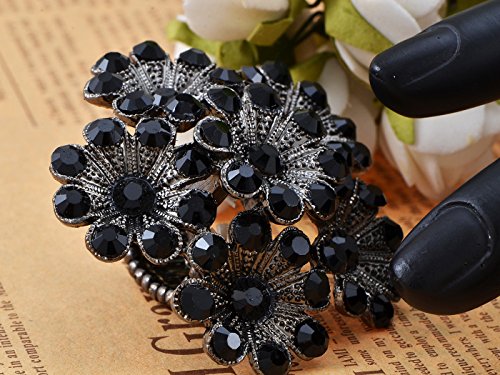 Alilang Gunmetal Tone Black Crystal Rhinestones Flower Cluster Floral Adjustable Ring