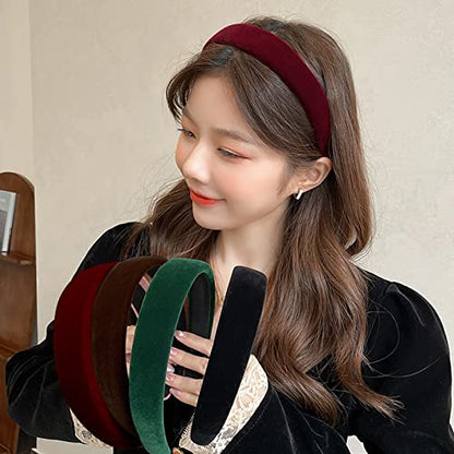 4Pcs Black Velvet Headband for Women Girls Wide Hairbands Pack Non Slip Thick Headband Set Adult Red Brown Green Padded Hair Band Fashion Soft Headbands for Long Short Thin Curly Hair Christmas Gift - color: 4Pcs Velvet Headband Set