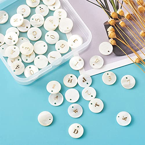 Craftdady 92pcs Freshwater Shell Alphabet Pendants Flat Round White Shell with A-Z Letter Number Bead Charms 11mm for Name Bracelets Necklaces Earrings Jewelry Crafts Making - color: Golden Letter & Number