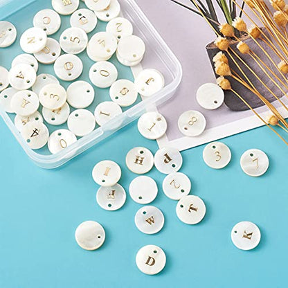Craftdady 92pcs Freshwater Shell Alphabet Pendants Flat Round White Shell with A-Z Letter Number Bead Charms 11mm for Name Bracelets Necklaces Earrings Jewelry Crafts Making - color: Golden Letter & Number