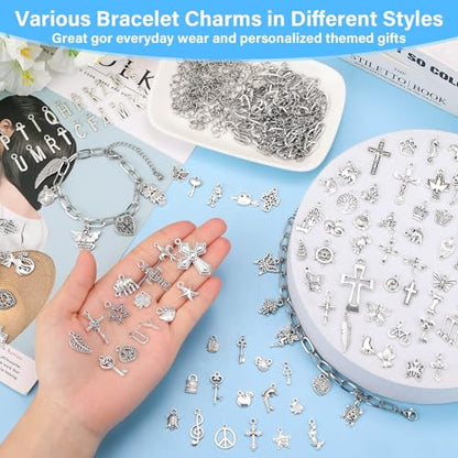 384 Pieces Silver Charm Bracelet Making Kit, Including Paperclip Chain Bracelets, Cross Charms, Jump Rings for DIY Bracelet Making