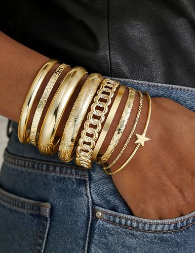 ÌF ME Gold Bangle Bracelets for Women, 19Pcs Multi Stackable Textured Bangles Set, 14K Gold Plated Chunky Bracelet Boho Jewelry Gifts - color: A-Gold-textured