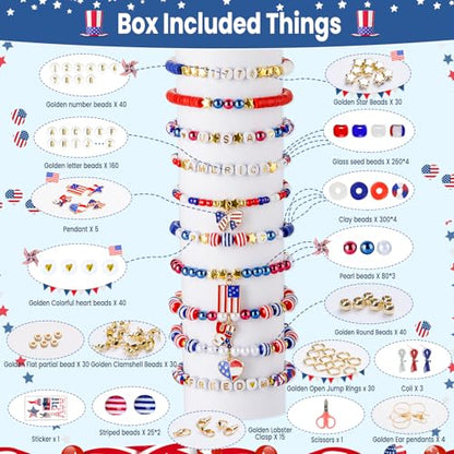 Goldwise 2958 Pcs 4th of July Red White and Blue Beads Bracelet Making Kit with Clay Beads Glass Seed Beads Tattoo Stickers, Patriotic Beads for Jewelry Making with Letter Beads and Charms - size: 4th of July