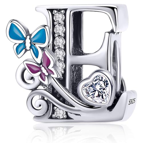 S925 Silver Butterfly Initial Letter Charms Fit for Pandora Charms Bracelets and Necklace Alphabet Bead Charms Jewelry Gifts for Women - color: E