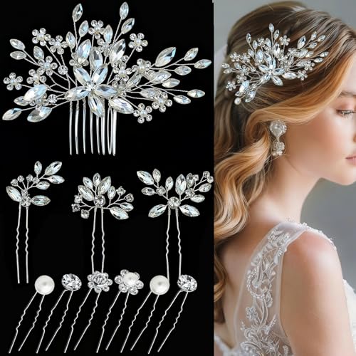 10 pcs Wedding Hair Accessories Bridal Hair Pins Silver Rhinestone with Pearls Hair Pieces for Brides Women Girls (Silver A) - color: Silver A