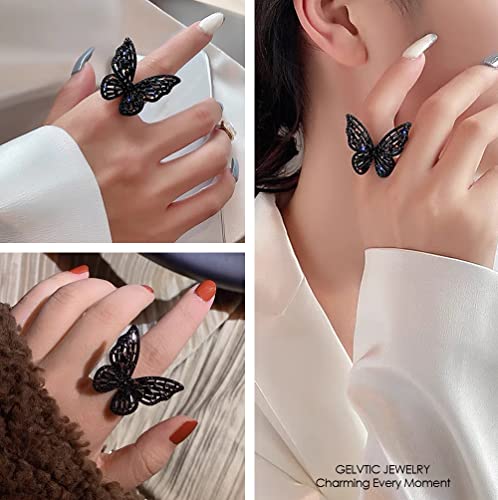 Butterfly Rings for Women Adjustable Golden Cocktail Ring Sparkly Stones Statement Silver Bow Open Wrap Bow Jewelry Bridesmaids Wedding Valentine’s Day Gift Lover Mother - color: JZ03-Black