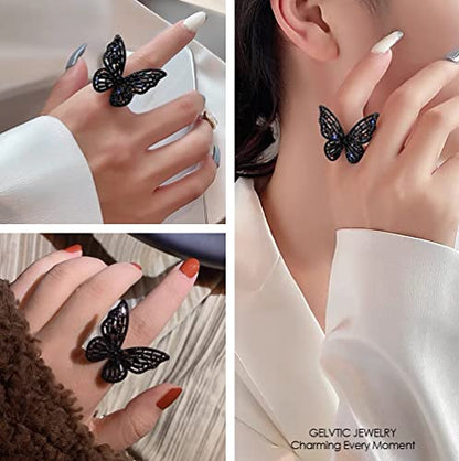 Butterfly Rings for Women Adjustable Golden Cocktail Ring Sparkly Stones Statement Silver Bow Open Wrap Bow Jewelry Bridesmaids Wedding Valentine’s Day Gift Lover Mother - color: JZ03-Black