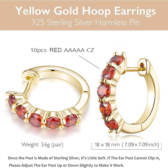 Evabelle Gold Hoop Earrings for Women 14K Real Gold Plated Cubic Zirconia Diamond Hoop Earrings Huggie Hoop Earring Women Earrings Earring for Men 925 Sterling Silver Post Hypoallergenic - color: Hoops 14-Red-14K Gold Plated