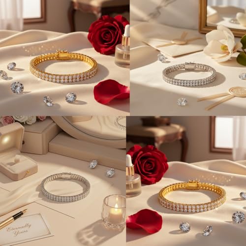 2 Rows Tennis Bracelets for Women Men - 18K Yellow Gold Plated 3mm Round Cut Cubic Zirconia Classic Tennis Bracelet, Size 6.5-8.5 Inch - color: White Gold - 2 Rows, size: 8 inch