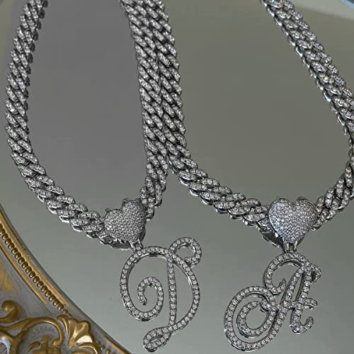 Initial Necklaces Silver Cuban Link Chain for Women Iced Out Chain with Heart Letter Pendants Custom Chain Name Necklace Hip Hop Jewelry Gift - color: S