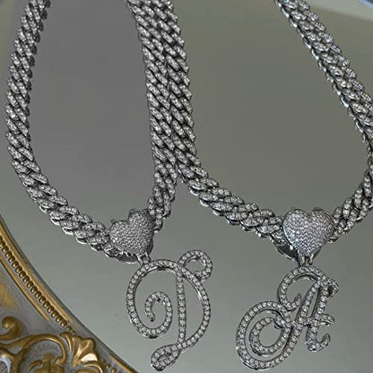 Initial Necklaces Silver Cuban Link Chain for Women Iced Out Chain with Heart Letter Pendants Custom Chain Name Necklace Hip Hop Jewelry Gift - color: M
