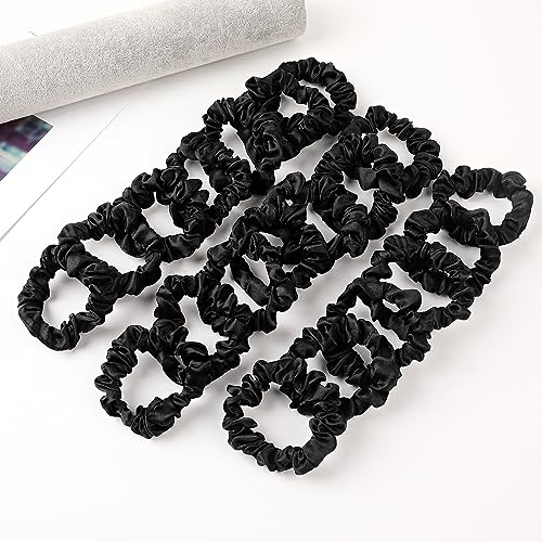 Satin Silk Scrunchies Hiar Ties for Women Girls Ponytail Holders 20 Pcs Mini Black Bulk Scrunchies Elastic Hair Bands for Thick Curly Hair Pony Tails Hair Ties - color: Dark Blak