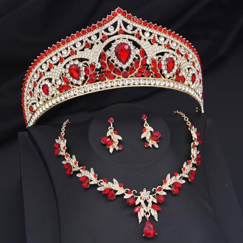 Princess Tiara Crown and Jewelry Sets for Women Wedding Rhinestone Crystal Tiaras and Crowns with Necklace Earrings Party Birthday Accessories - color: Gold Red
