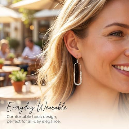 14K Gold Plated Texture Geometric Earrings, Simple Oval Hammered Hoop Drop Dangle Earrings for Women, Lightweight Dangly Minimalist Jewelry - color: Oval-Silver
