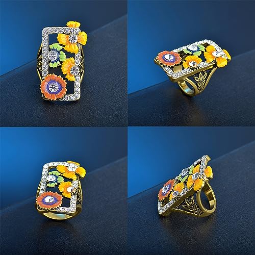 Big Enamel Flower Leaf Full Finger Ring,14K Gold Plated Cocktail Party Statement Ring for Women