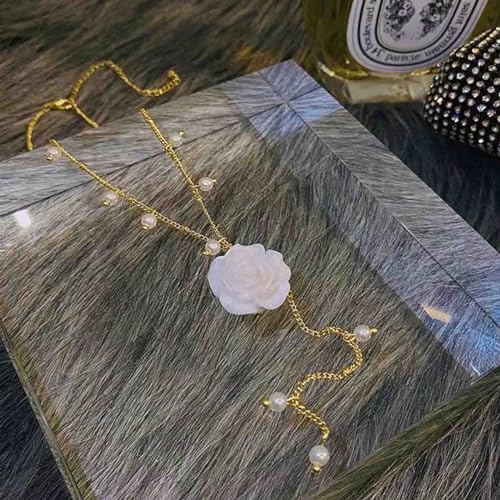 Boho Pearl Drop Necklace for Women White Flower Pendant Necklace Pearl Y Necklace Chain Flower Y Lariat Necklace Pearl Y Drop Chain Necklace Gold Pearl Bead Necklace Jewelry for Girls