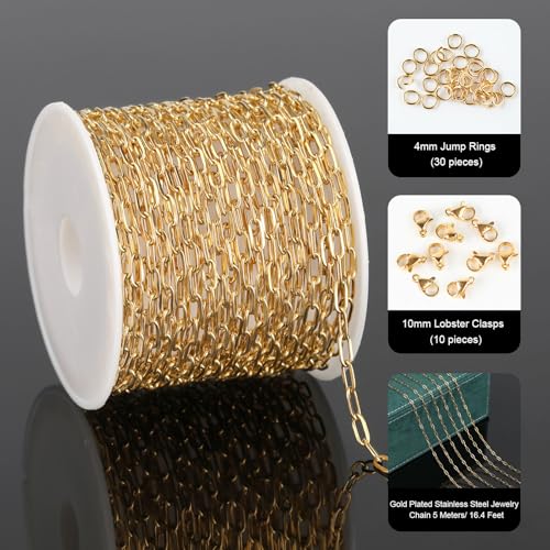 UMAOKANG 16.4 Feet Gold Plated Chain for Jewelry Making Stainless Steel Paperclip Jewelry Chains Bulk with Jewelry Findings - color: Gold Small Paperclip
