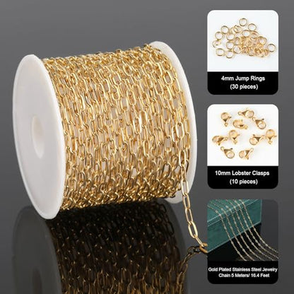 UMAOKANG 16.4 Feet Gold Plated Chain for Jewelry Making Stainless Steel Paperclip Jewelry Chains Bulk with Jewelry Findings - color: Gold Small Paperclip