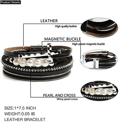 Vercret Leather Wrap Bracelet for Women, Multi-Layer Cuff Bangle | Boho Stacked Bracelets with Safe Clasp Western Bangle Jewelry Gift for Lady and Mom Sister Friend - style: Pearl Cross Black