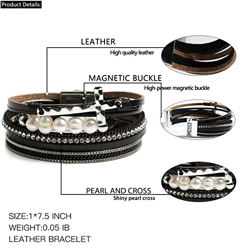 Vercret Leather Wrap Bracelet for Women, Multi-Layer Cuff Bangle | Boho Stacked Bracelets with Safe Clasp Western Bangle Jewelry Gift for Lady and Mom Sister Friend - style: Pearl Cross Black