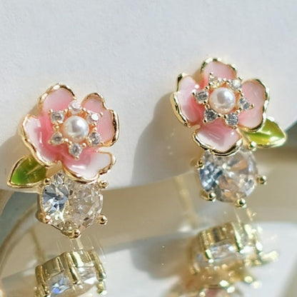 Exquisite Zircon Colorful Enamel Whimsical Floral Stud Earrings for Women Banquet Party Earrings Jewelry Gifts - color: gold