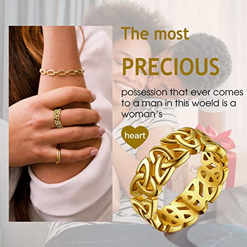 Bestyle Celtic Knot Band Rings for Men Women, Stainless Steel Irish Finger Ring Viking Wedding Bands Jewelry Gift Wedding Promise Gold Silver Black - color: 03.Gold