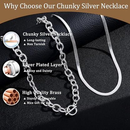 CHESKY 14K Gold Plated Chunky Necklace for Women, Trendy Toggle Clasp | Statement Pendant Necklace, Layered Paperclip Chain, Toggle Clasp Design, Thick Gold Chain, Non Tarnish Everyday Jewelry - color: silver, style: paperclip+herringbone