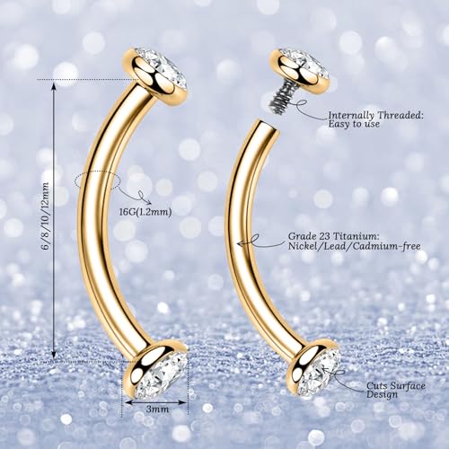 G23 Titanium Eyebrow Piercing Jewelry Eyebrow Rings Curved Barbell 16G Eyebrow Belly Button Ring Navel Rings Rook Daith Earrings Lip Ring Eyebrow Jewelry 6mm-12mm - color: 2PCS,Disc Shape Clear CZ,Gold