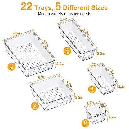 SMARTAKE 22-Piece Drawer Organizer with Non-Slip Silicone Pads, 5-Size | Clear Desk Bathroom Drawer Organizer Trays Storage Tray for Makeup, Jewelry, Utensils in Bedroom Dresser, Office and Kitchen - size: 22 PCS