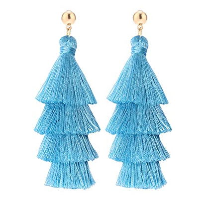 BaubleStar Bohemian Layered Tassel Drop Earrings for Women | Lightweight Statement Party Festival Jewelry - color: Sky Blue