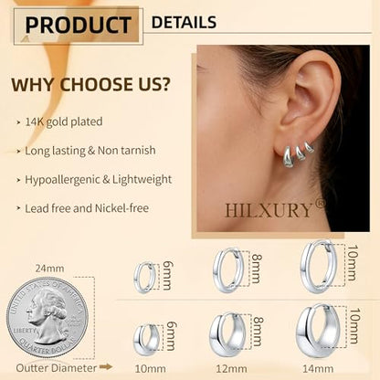 HILXURY 6 Pairs Small Gold Huggie Hoop Earrings for Women, 14K Gold Plated Cartilage Piercings Hoop Earrings Hypoallergenic, Trendy Lightweight Chunky Hoops Set for Women Gifts. - color: C- Silver