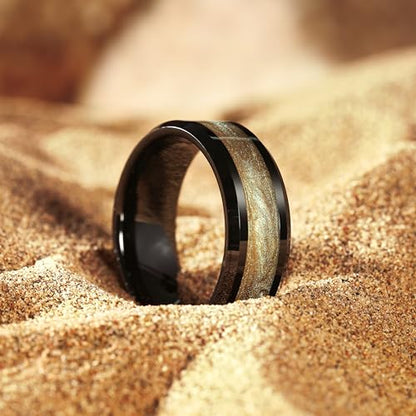 King Will Mens Galaxy Tungsten Wedding Band | 6mm/8mm, Beveled Edge, Comfort Fit, Durable, Sandstone Opal Inlay Polished, Everyday Wear - color: Black&Camo