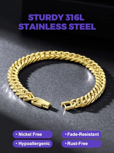 Richsteel Mens Cuban Link Bracelets, Silver/Black/14K Gold Plated Stainless Steel Bracelet for Men 8/12/17mm Width, 7.4/8.2/9 Inch Length Chain Wrist Bracelets With Gifts Box - style: 02-Gold Plated 6mm Width