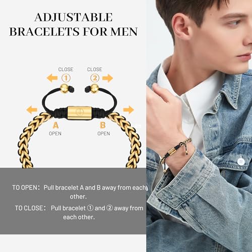 18K Gold-Plated Bracelets for Men Franco Link Chain Adjustable | Stainless Steel Bracelet, Gold Beads Bracelet, Handcrafted Braided, Mens Jewelry Birthday Gift for Men - color: Gold with Card Dad