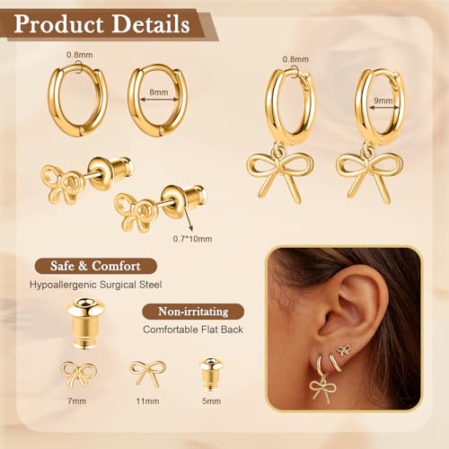 14K Gold Hoop Dangle Stud Earrings Surgical Steel Helix Piercing | Hypoallergenic,Cubic Zirconia,3 Pairs Huggie Hoop Set for Women,Dangle Stud,Cartilage Tragus Conch Earring,Jewelry Gift - color: B1-Gold Bow Earrings