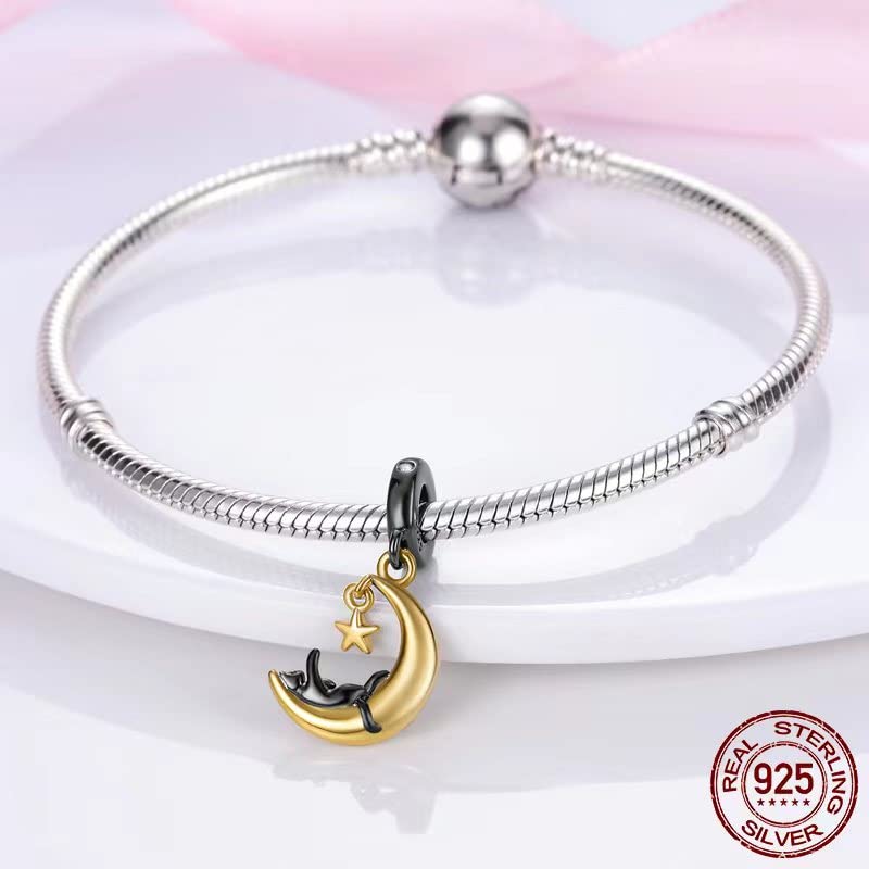 Pandach 925 Sterling Silver Charms for Bracelet&Necklace Dangle Pendant Bead with 5A Cubic Zirconia Stones,Jewelry Beads Gifts for Women - style: Kitten and Moon Charm