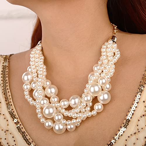 Wiwpar 2PCS Large Chunky Statement Faux Pearl Bib Choker Necklace and Earring Set for Party Wedding Ladies - color: white
