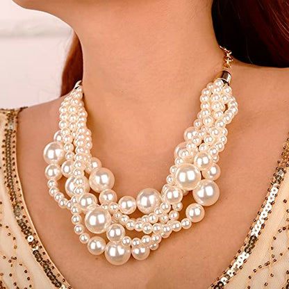 Wiwpar 2PCS Large Chunky Statement Faux Pearl Bib Choker Necklace and Earring Set for Party Wedding Ladies - color: white