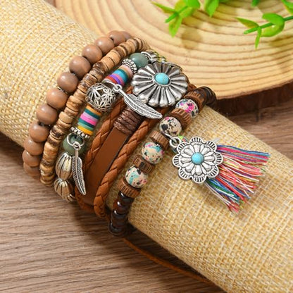 Western Outfits for Women Turquoise Western Bracelets Bohemian Vintage Stackable Beaded Leather Bracelets Adjustable Hand-woven Layered Bracelet Western Country Concert Jewelry for Women - style: Tassel