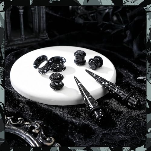 JieyueJewelry 50/54 Pcs Ear Stretching Kit 14G-00G | Acrylic Tapers & Plugs with Silicone Tunnels, Ear Gauges Expander Set Body Piercing Jewelry for Women and Men - color: Black & White Splatter