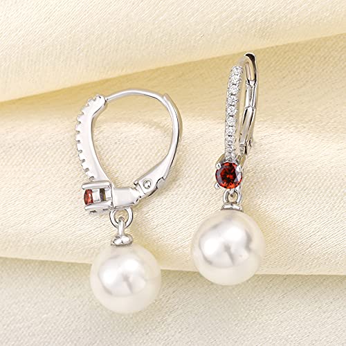 JO WISDOM 925 Sterling Silver Freshwater Pearl Hoop Earrings with Dangle Real Pearl,Simulated Pearls - color: B-8mm white pearl,garnet color