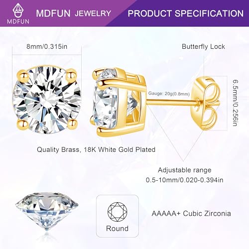 18K White/Yellow Gold Plated Stud Earrings for Men Women 4 Prong Graduated Round Clear Cubic Zirconia Hypoallergenic Earrings Set 3-8MM - color: Yellow Gold Plated, size: 8MM
