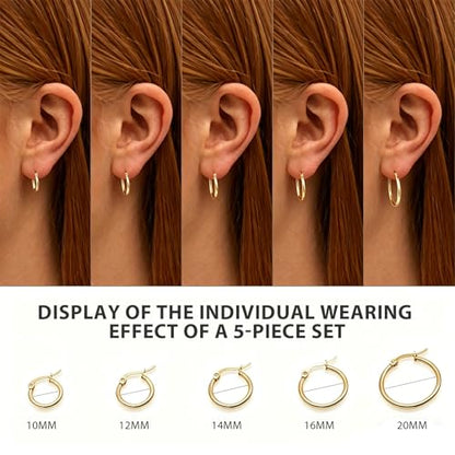 5 Pairs Silver Gold Small Hoop Earrings for Women Surgical Steel Huggie Set | 10 12 14 16 20 mm, Lightweight, Hypoallergenic, 14K Gold Plated 316L Stainless Steel Jewelry, Multiple Piercing - color: Gold/5 Pairs