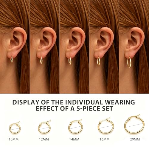 5 Pairs Silver Gold Small Hoop Earrings for Women Surgical Steel Huggie Set | 10 12 14 16 20 mm, Lightweight, Hypoallergenic, 14K Gold Plated 316L Stainless Steel Jewelry, Multiple Piercing - color: Gold/5 Pairs